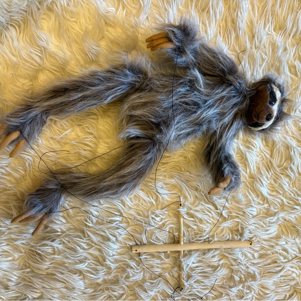 Gray Plush Sloth Marionette Puppet with Wooden Crossbar